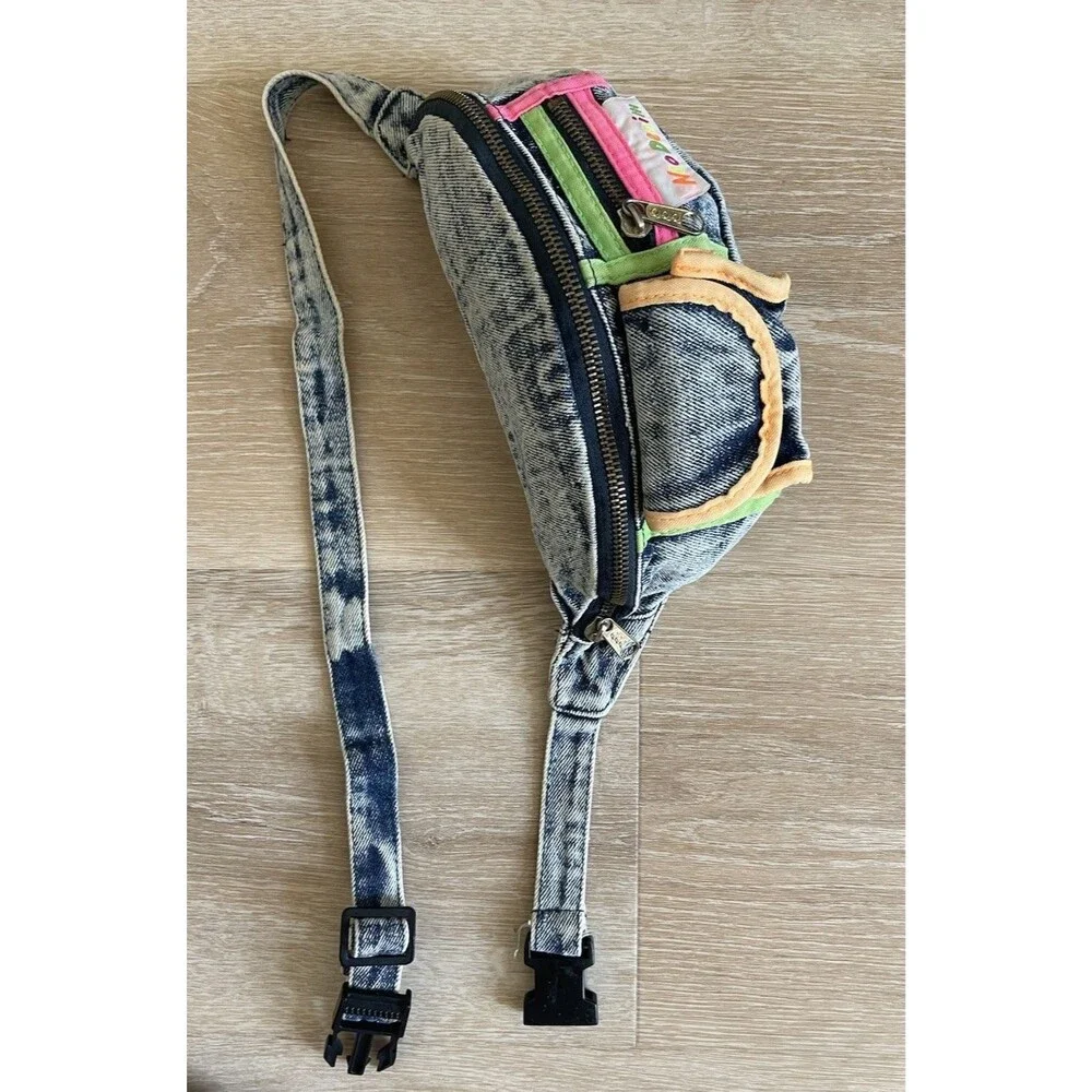 Vintage 80s 90s Neo Denim Acid Wash Denim Fanny Pack Neon Y2K